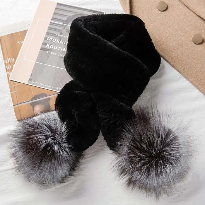 Winter Warm Rex Rabbit Fur Woven Big Hair Ball Scarf Encryption Thickening Fur Scarf Bib - Цвет: Серый
