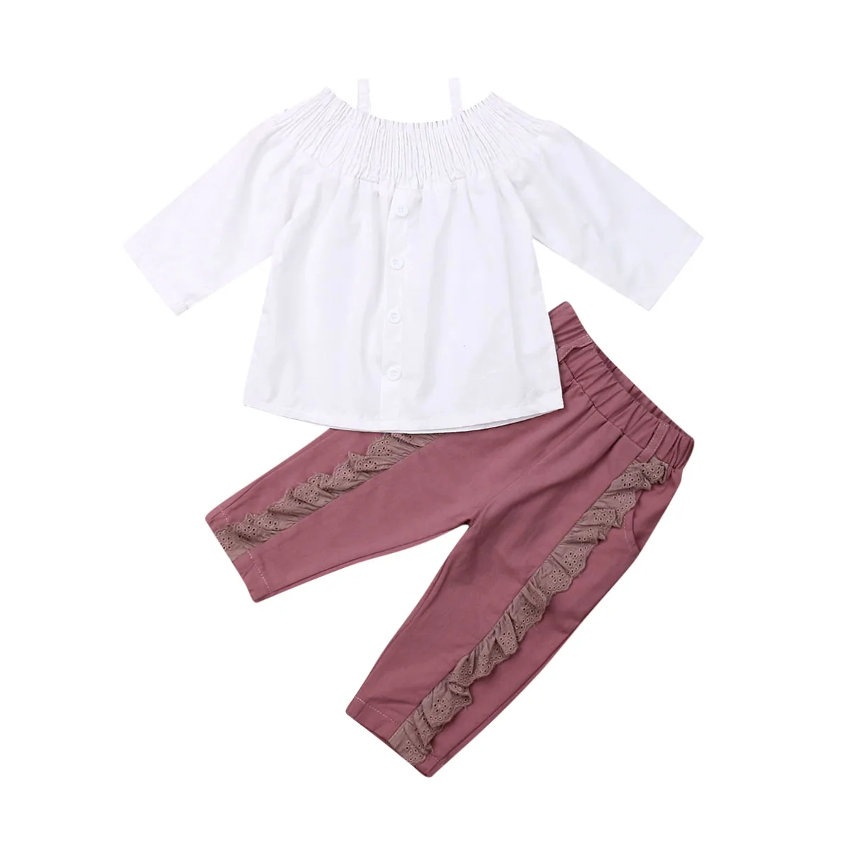 2 предмета, топы с открытыми плечами для маленьких девочек, футболки с длинными рукавами + джинсовые штаны с оборками, комплекты одежды