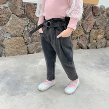 Новинка года; осенние джинсовые штаны в Корейском стиле для маленьких девочек пояс с высокой талией; брюки для малышей; детская одежда