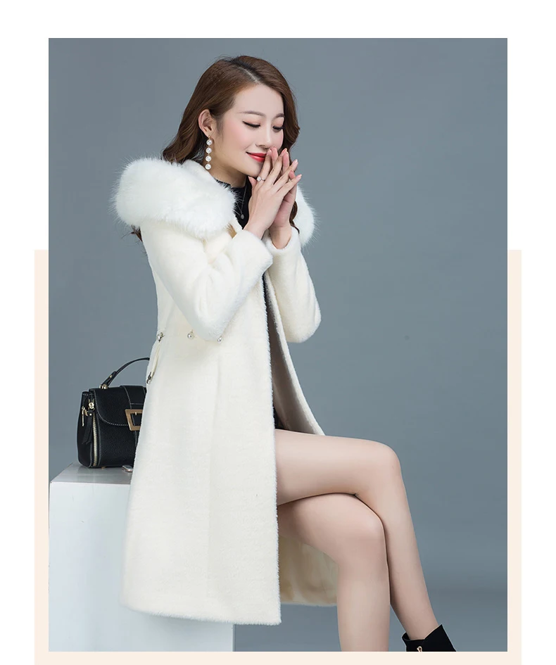 Woolen Coat Wwomen Long Jacket New Autumn Winter Mink Cashmere Slim Coat Female Overcoat Thick Hooded Coat Women AN390