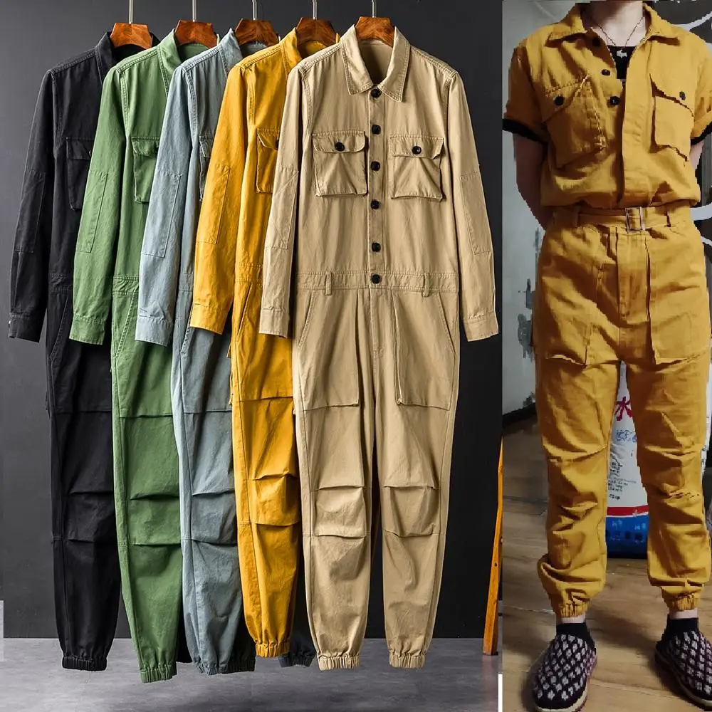 Spring Overalls Men's Jumpsuit Loose Long Sleeve Beam Feet Cotton Cargo  Pants Green Black Yellow Workwear Trousers Size 5XL