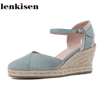 

Lenkisen gingham recommend sheep suede wedges ruffles waterproof round toe thick high heels mixed cloth ankle straps pumps L21