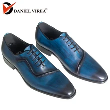 남자 정품 가죽 드레스 신발 이탈리아어 디자인 블루 컬러 손으로 세련된 지적 발가락 결혼식 신발(China)