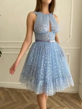 

Sky Blue Moroccan Prom Dresses A-line Halter Knee Length Tulle Sequins Robe De Soiree Prom Gown Evening Dresses