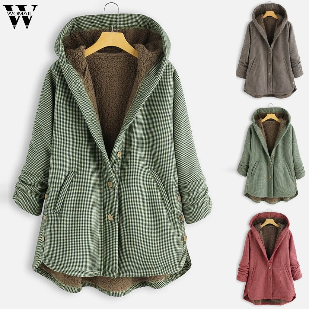 

Womail Jacket Coat Women Vintage Female Plaid Jacket Coat Winter Warm Outwear Hooded Pockets Oversize Coats Plus Size 917