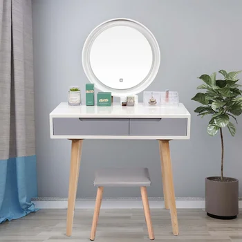 

Vanity Table Set with Adjustable Mirror Cushioned Stool Wood Makeup Dressing Table Bathroom with Free Make-up Organizer