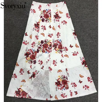 

Svoryxiu 2020 Runway Designer Summer High Waist Midi Skirt Women's Hollow Out Embroidery Flower Print Casual Skirt Female
