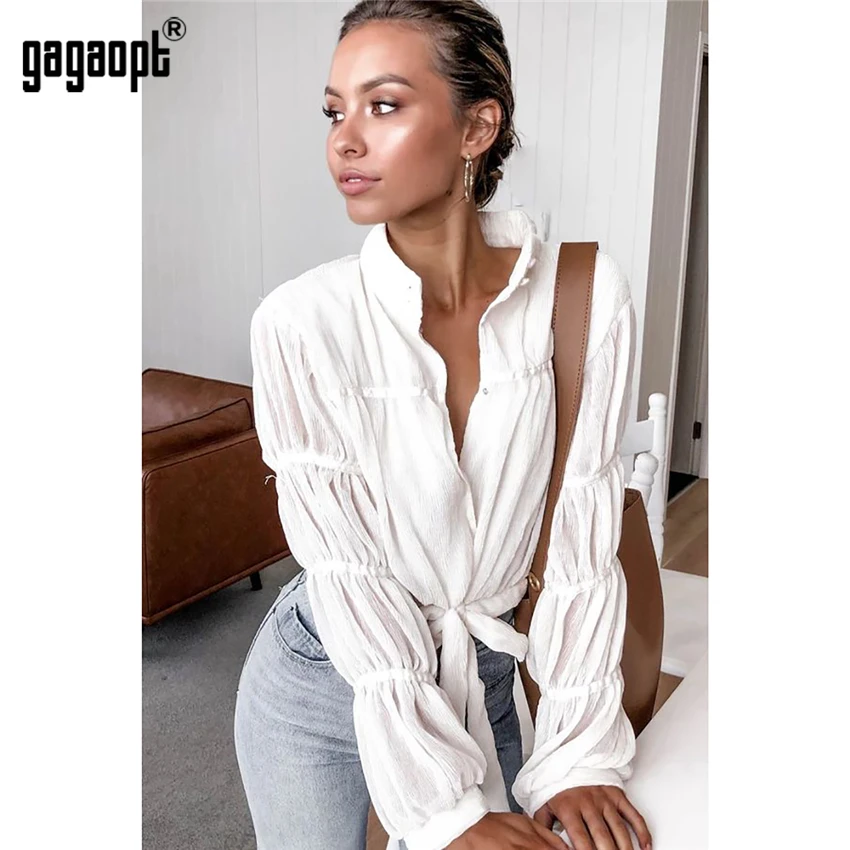 Gagaopt с длинным рукавом укороченный Топы корректирующие для женщин модные, пикантные Дамы топы с рукавами-буффами клуб уличная Blusas