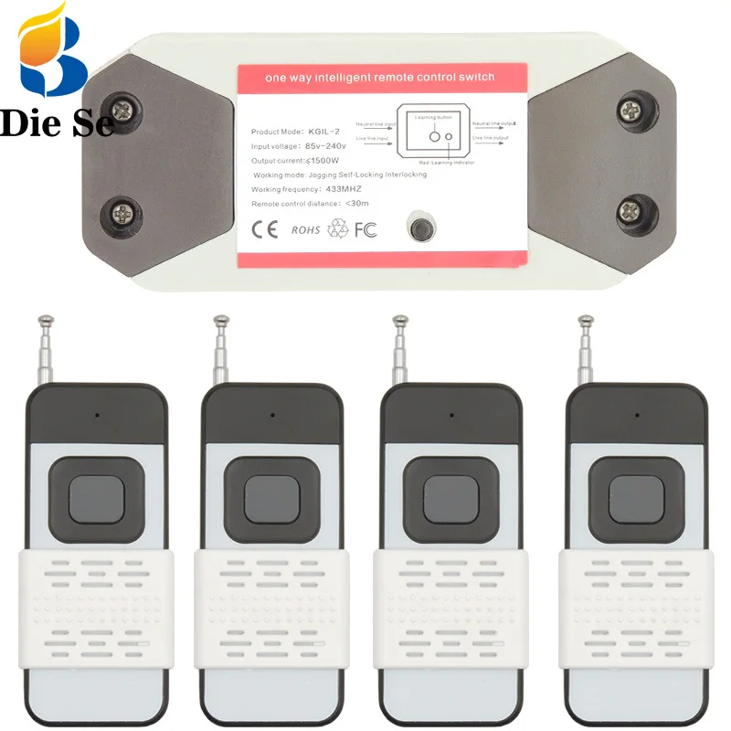 

DieSe 433MHz Universal Wireless Remote Control Switch AC 85-240V 10A 1CH Receiver RF Long Distance Transmitter For Light/LED