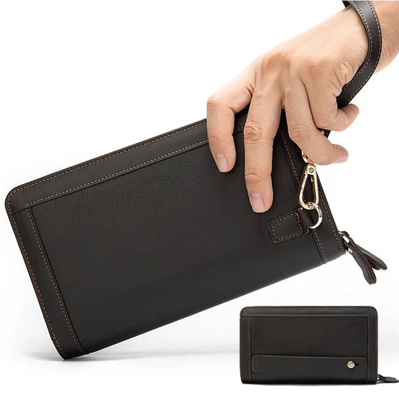 

Luufan Men's Genuine Leather Clutch Big Male Double Zipper Long Wallet For Phone Passport Purse With Coin Pocket Handle String