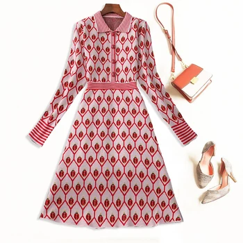 

VERDEJULIAY Runway Knitted Dress Women 2020 Winter Autumn Fashion New Designer Full Sleeve Insect Strip Print Midi Dress