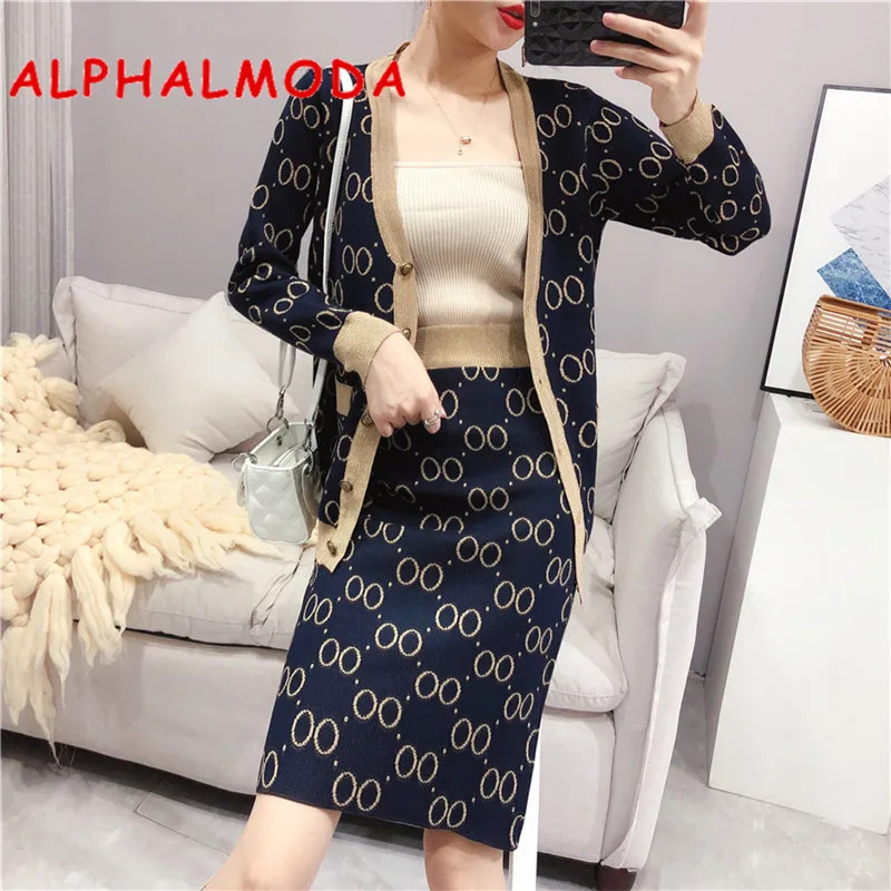 

ALPHALMODA 2019 Autumn Winter Elegant Women Knitting Jacket + Skirt Suits V-neck Geometric Pattern OL Fashion Knit Outfit