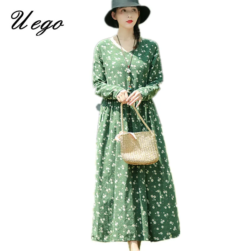 

2019 New Arrival Long Sleeve Autumn Dress Soft Cotton Linen Print Floral Prairie Chic Dress Plus Size Women Casual Long Dress