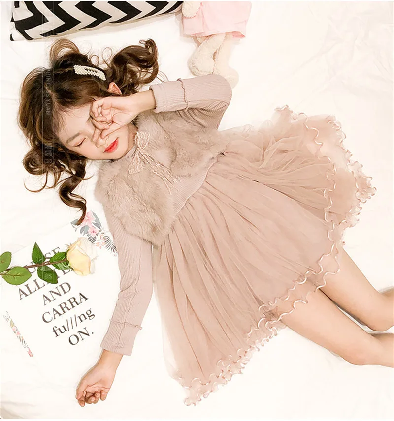 Cute Princess Lace Dress for Autumn Children Wedding Party vestidos Clothes Fur Kids Dresses for Girls Winter Ball-Gown Clothing