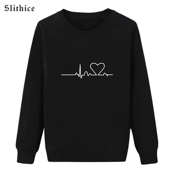 

Slithice Fashion Women sweatshirts Heartbeat Love Print hoodies Long Sleeve Casual Cotton female hoody Black