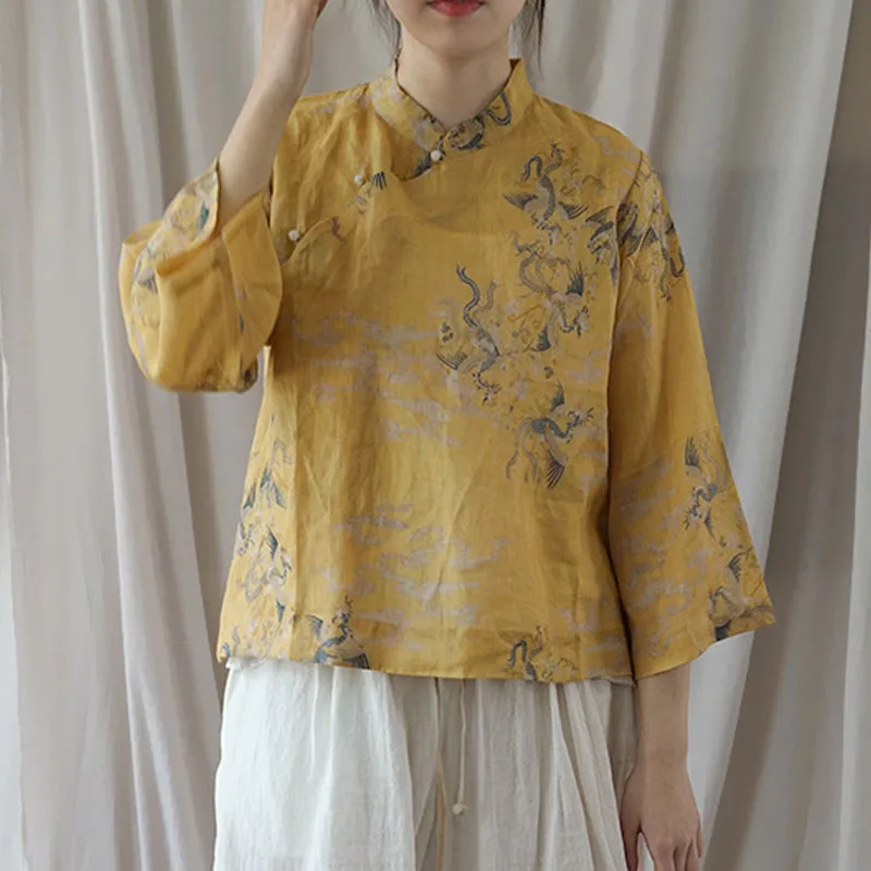 Johnature Casual Retro Plate Buckle Stand Fashion Floral Print Shirt 2020 New Simple Comfortable Three Quarter Sleeve Women Tops |