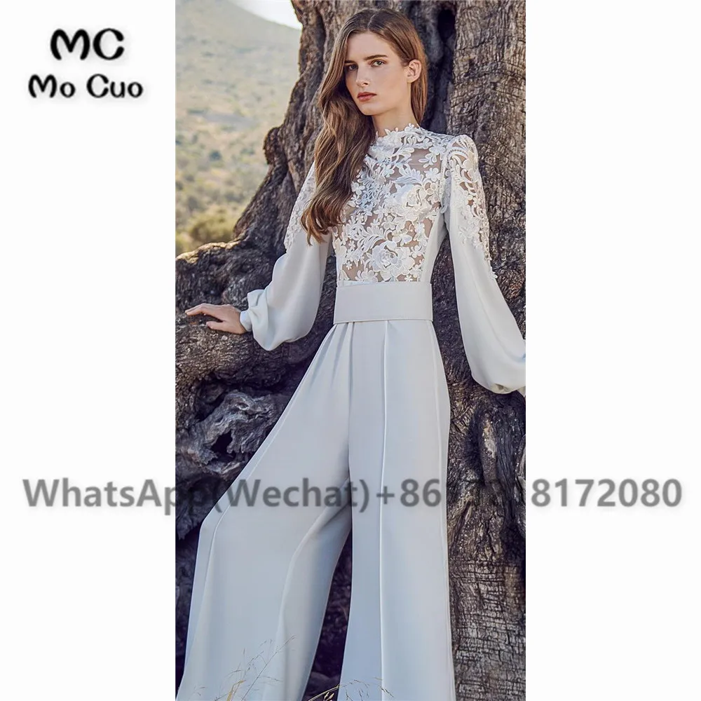 Elegant Wedding Jumpsuits High Neck Lace Long Sleeve Bohemian Wedding Dress Custom Made Pants Suit Beach Robes De Mariée (3)