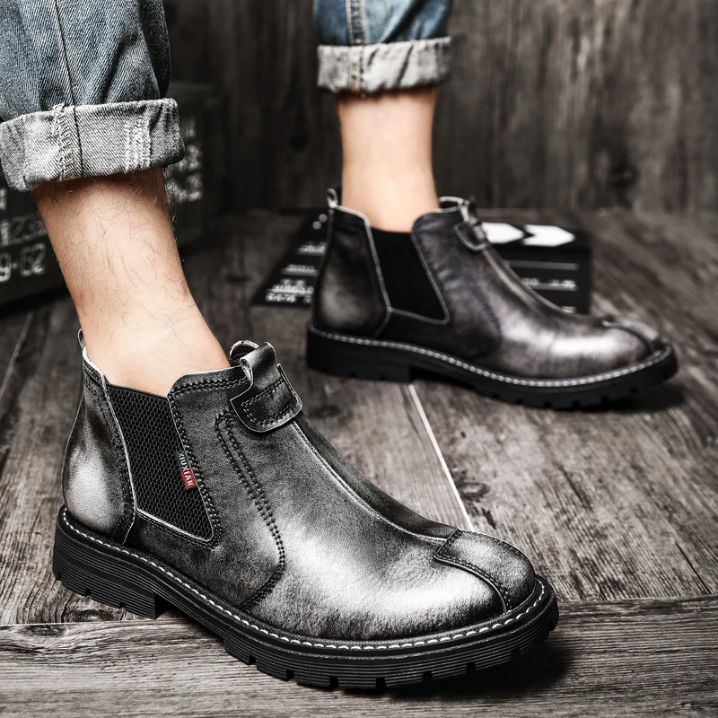 Chelsea Boots Men Winter Shoes Black Split Leather Thick sole Mens Footwear Warm Plush nonslip snow boots size 38-44 Walker peak