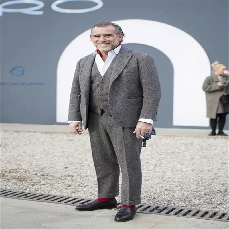 Новейший дизайн пальто брюки серый Твид повседневный мужской костюм Slim Fit 3 шт. смокинг на заказ костюмы для выпускного вечера Жених нежный Блейзер Terno Masculino