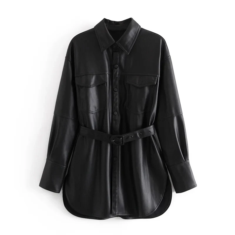 XNWMNZ Women black elegant classic faux leather jacket coat with belt Ladies Long Sleeve loose oversize boy friend retro Coat