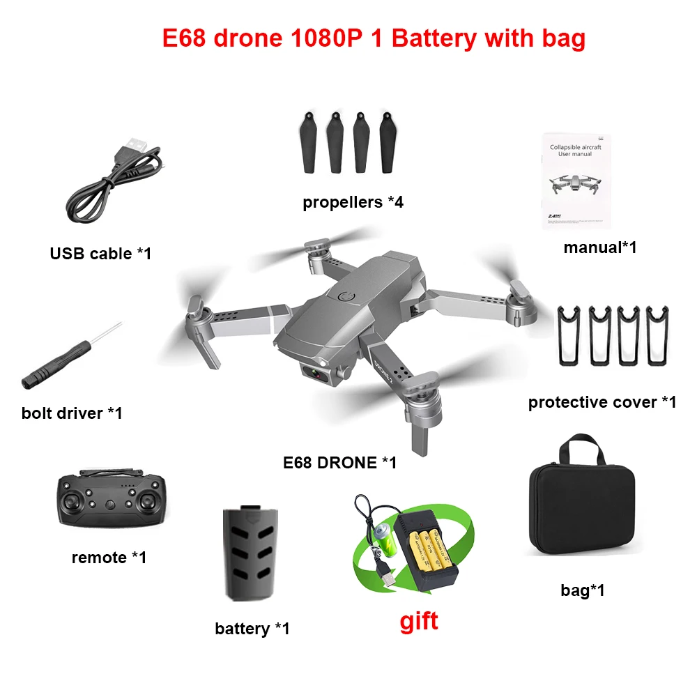 1080P 1B BAG E68 wifi FPV мини Дрон Квадрокоптер с широкоугольной камерой HD 4K 1080P режим удержания высоты жесты RC складные дроны VS E58 - Цвет: 1080P 1B BAG
