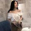 Women White Blouses Off Shoulder Sexy Summer Slim Fit Elegant Tops Female Slash Neck Ruffle Shirt Tops 3