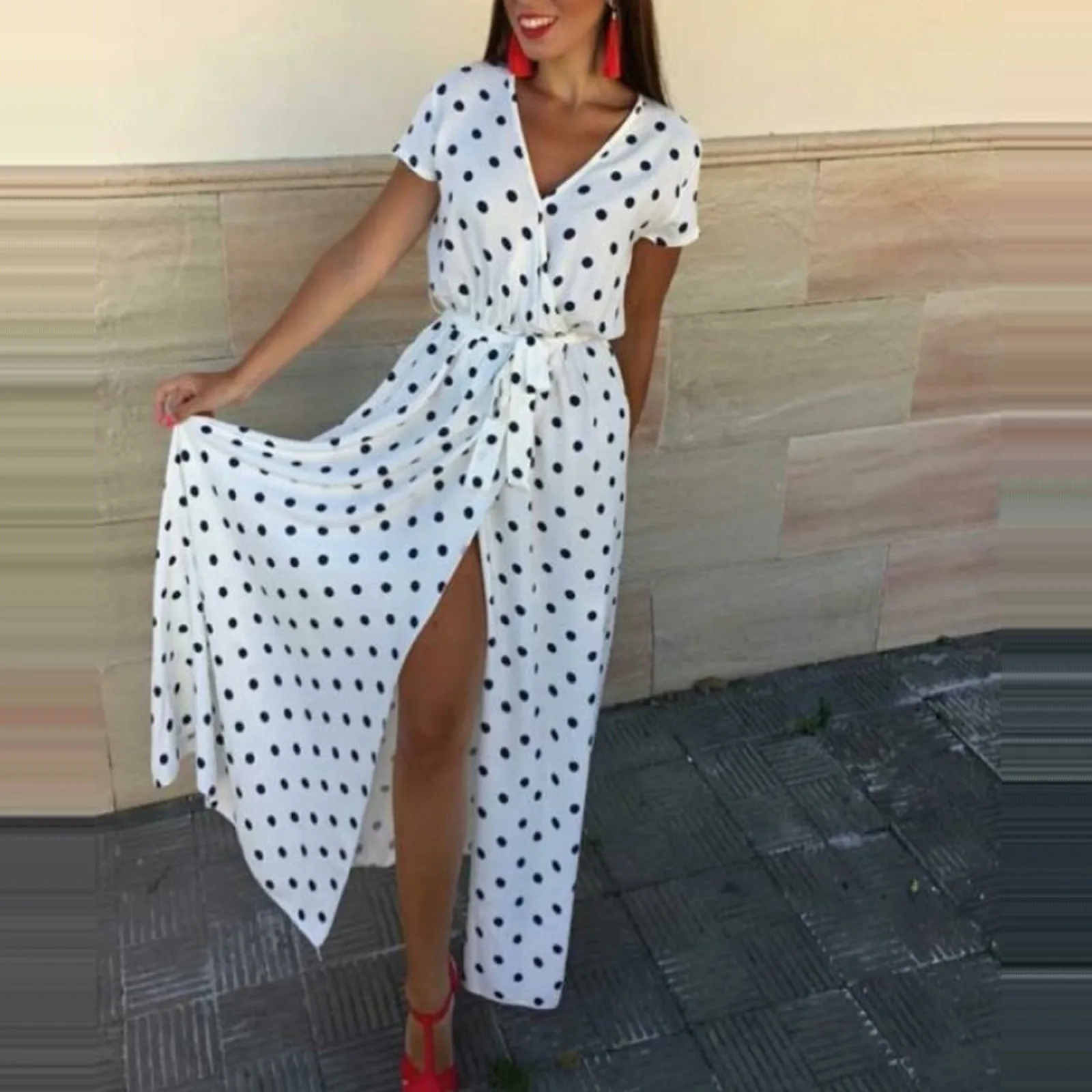Summer Women Dresses Fashion Casual Short Sleeve V-neck Low Cut Printed Polka Dot Dress Ladies Elegant Solid Party Dress mujer 1