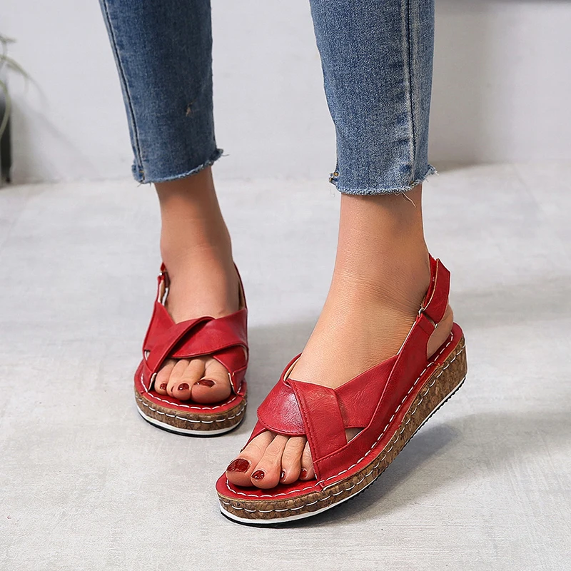 

HOT Summer women's fashion sandals ladies PU leather cross strap summer shoes Comfortable casual zapatos tacon mujer U23-04