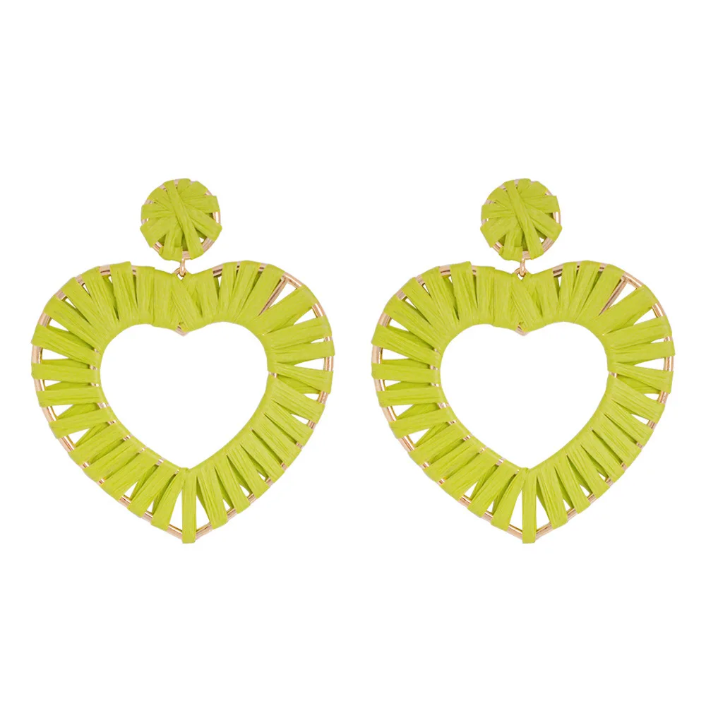 

Raffia Neon Green Earrings Women Boho Big Heart Earring Dangle Statement Vintage Indian Jewelry Pendientes Yellow Rose