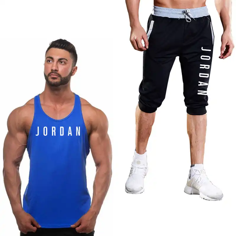 Traje deportivo sin mangas para hombre, Top + Pantalones cortos de  entrenamiento para correr, ropa deportiva, ropa informal|Conjuntos para  hombres| - AliExpress