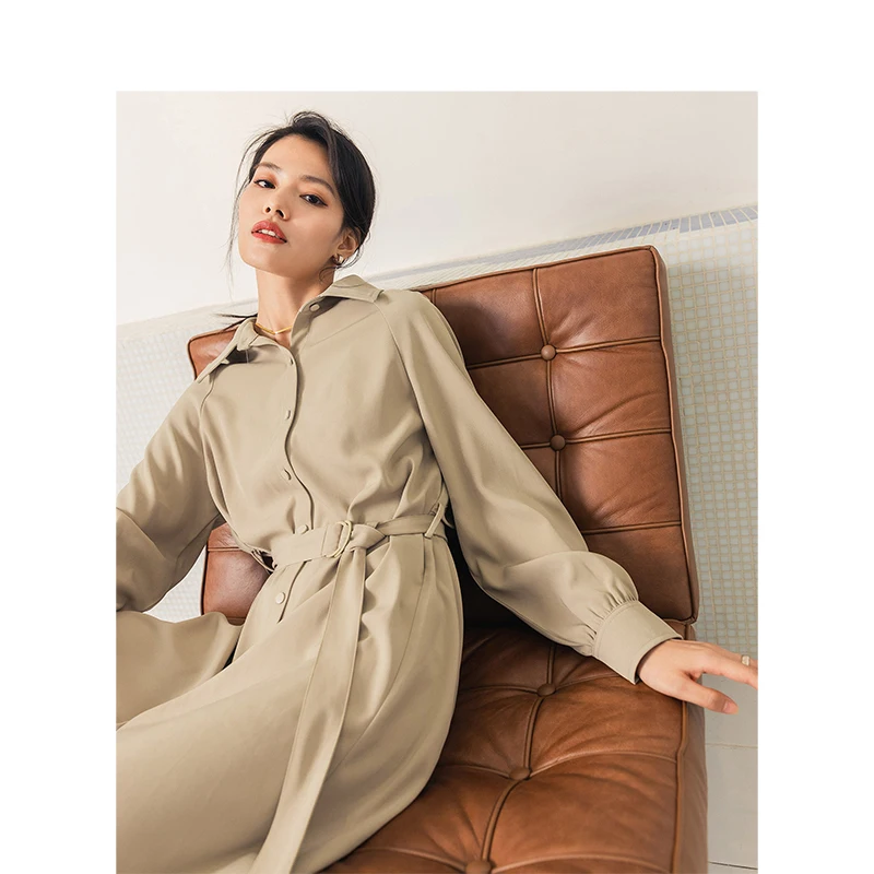 

INMAN Spring New Arrival Retro Turn Down Collar Raglan Sleeve Belt Equipment Loose Style Fitting Office Minimalist Retro Dress