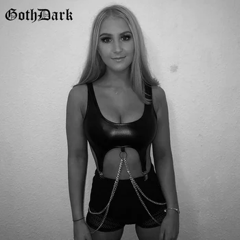 

Goth Dark Vintage Grunge Punk Hip Hop Egirl Gothic female Tank Tops harajuku Chain 2020 PU Streetwear Harjauku Chic Crooped Top