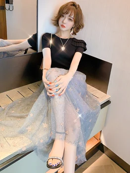 

Slim-Fit Knitted High-Waist Stitching Embroidered Sequined Mesh Expandable Dress Female 2020 Early Autumn New
