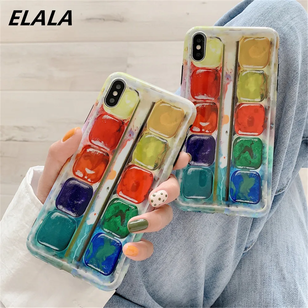 

ELALA Glossy Phone Case For iPhone 7 8 Case Paint Box Color Pattern Glitter Marble Cover For iphone XR X XS Max 6 S 7 8Plus Case