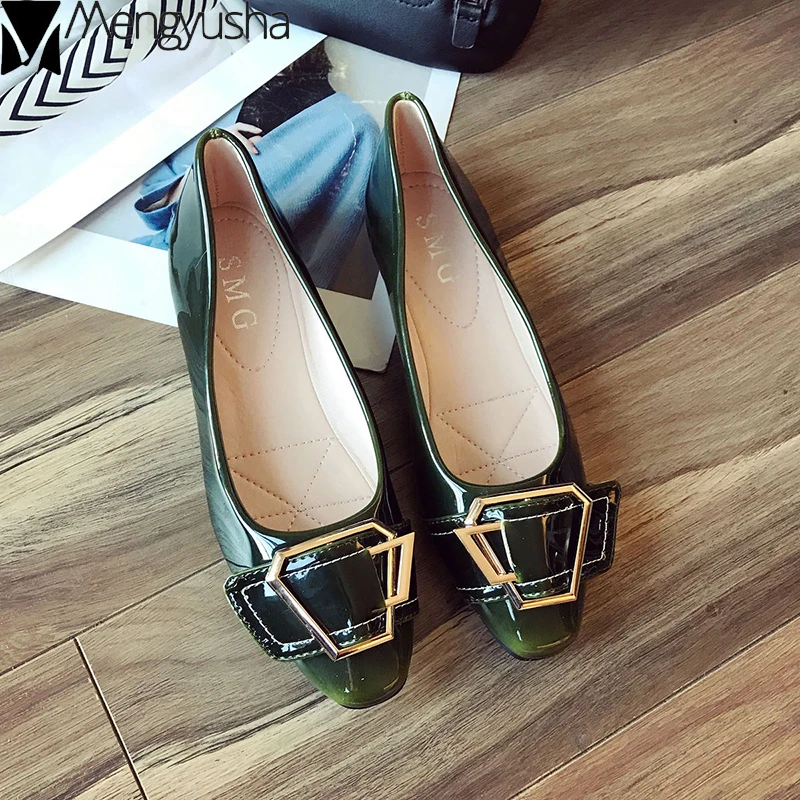

Japanned leather metal belt buckle flats soft surface comfy work shoes woman korean shallow loafers square toe femme footwear 41
