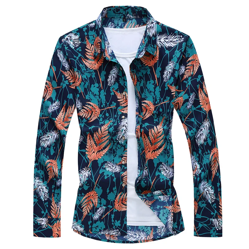 Осенне-весенняя одежда, мужская рубашка с длинным рукавом, большой размер M-5XL 6XL 7XL, гавайская пляжная Повседневная рубашка с цветочным рисунком для мужчин