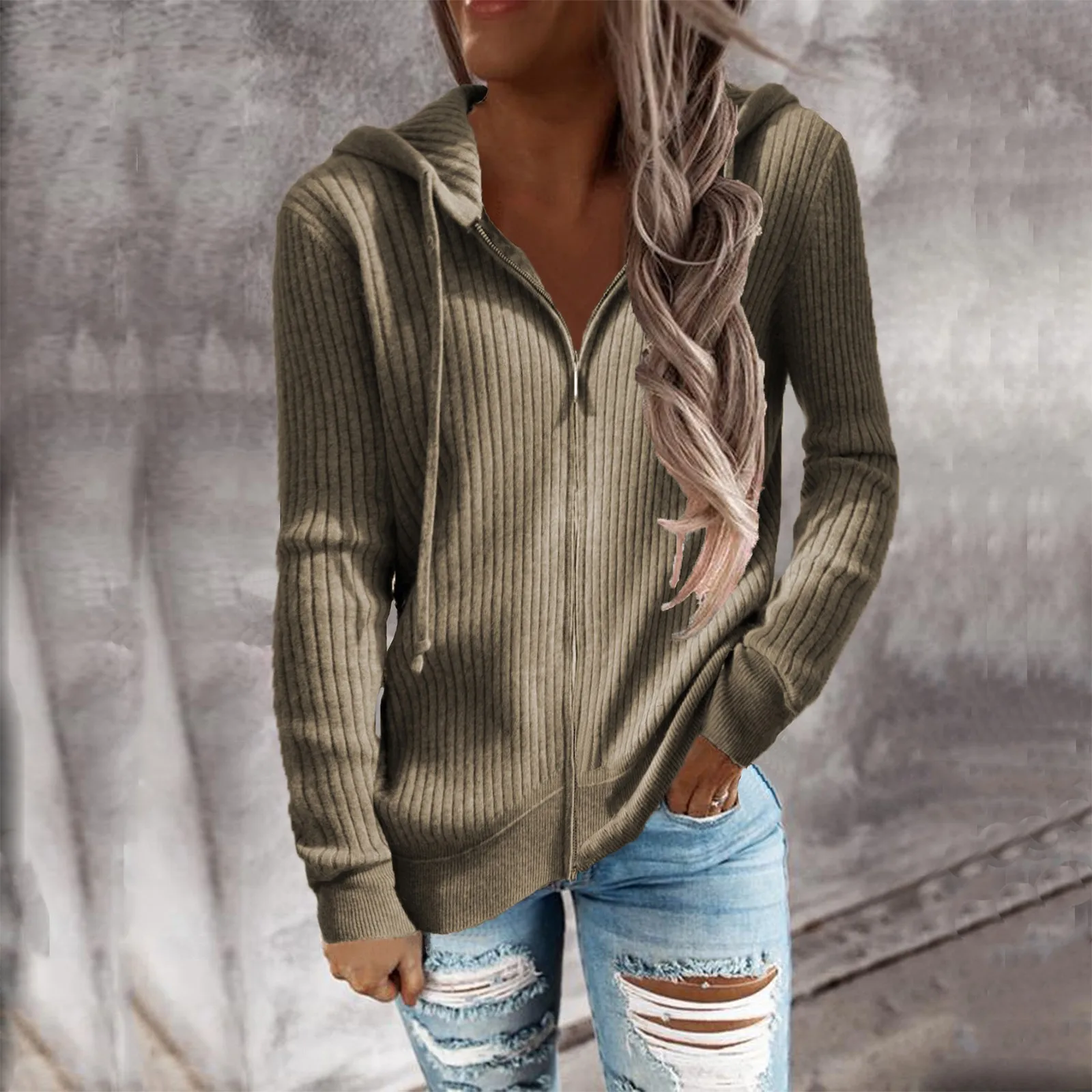 Women Hoodies Autumn Long Sleeve Open Front Cardigans Casual Knit  Zip Up Hooded Outwear Sweatshirt Coat Streetwear 2