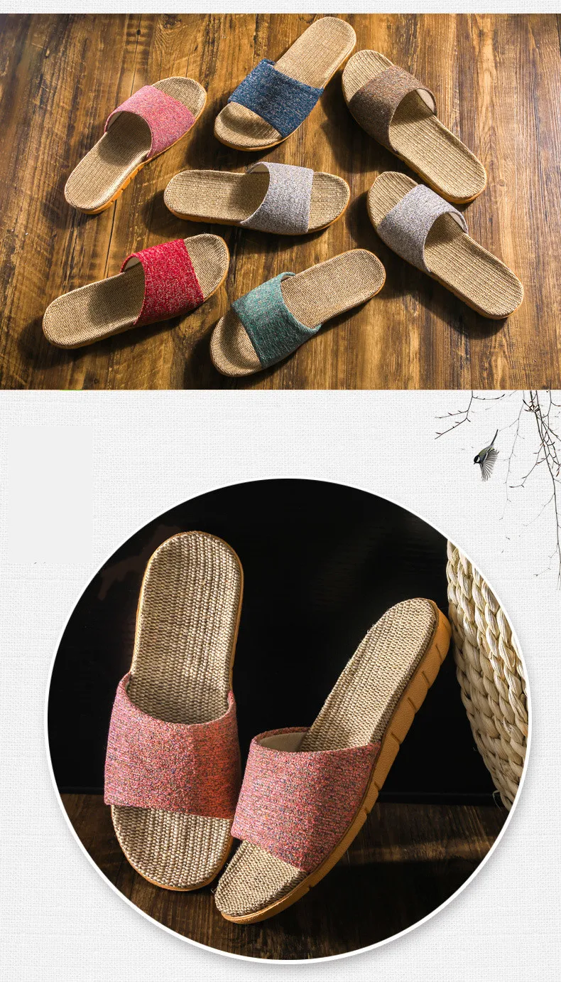 Летние льняные женские тапочки; разноцветная Повседневная Домашняя обувь; домашние тапочки; женские тапочки с открытым носком; обувь на плоской подошве