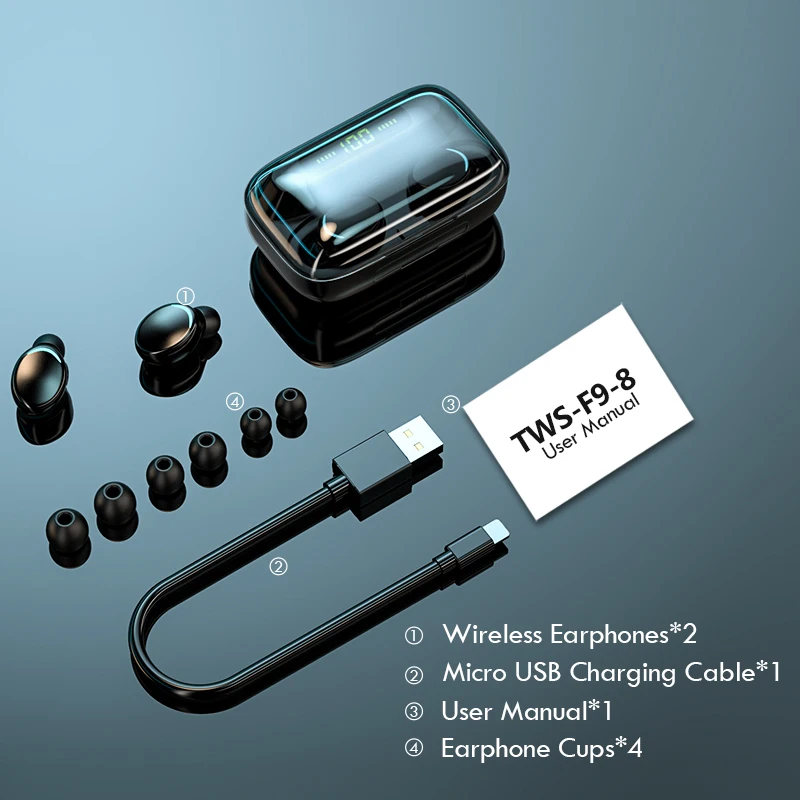 Oringinal F9 Bluetooth 5.0 Wireless Earphones With Mic Wireless 9D HiFi Stereo Earbuds Touch Control Sport Waterproof Headsets