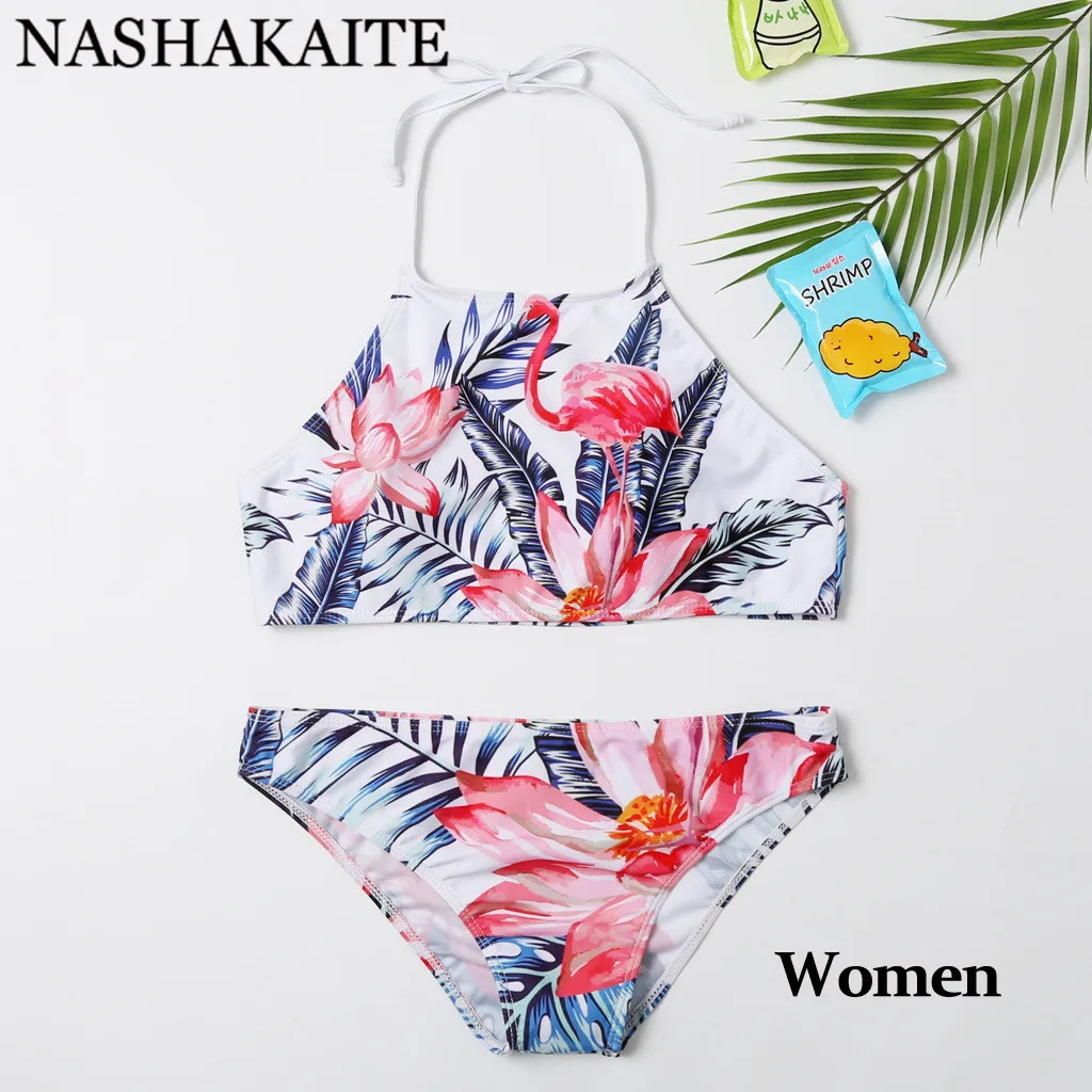 NASHAKAITE купальный костюм для мамы и дочки; коллекция года; Соблазнительный комплект бикини с принтом фламинго и листьев; одежда для купания для женщин и девочек; семейный купальный костюм