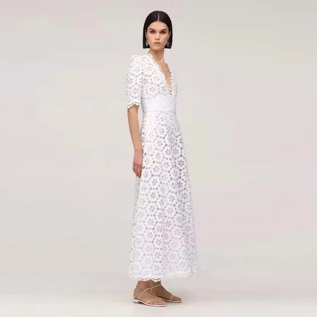 IVY HE Elegant White Maxi Dress For Women V Neck Half Sleeve High Waist Hollow Out Slim Dresses Women New Style Fashion Traf ZA 4