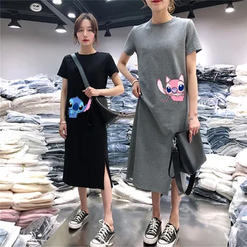 

Club Popular Models Short-Sleeve Dress Summer 2020 New Women's Korean-Style Mid-Length Split Knee-Length Printed T-shirt Skirt