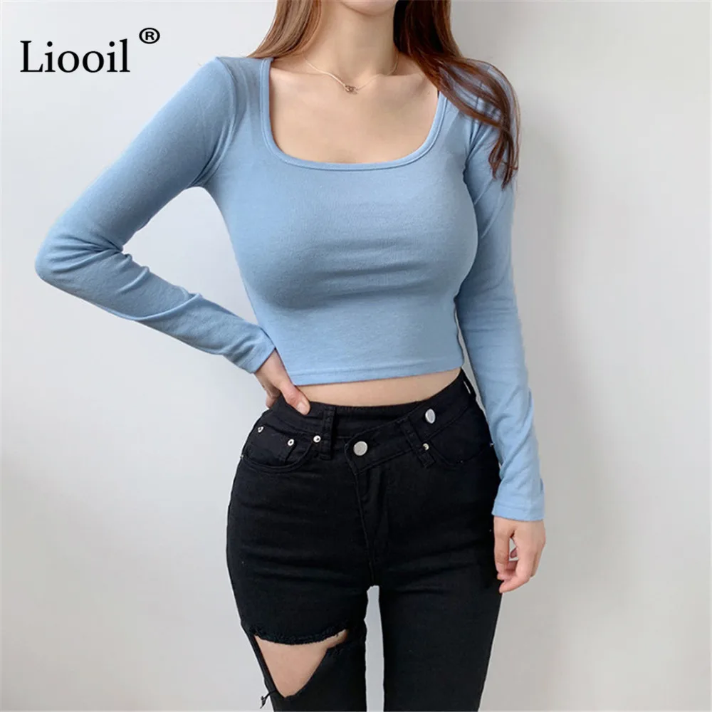 

Sexy Skinny Black White Short T Shirt Women 2020 Long Sleeve Square Collar Female Spring Autumn Slim Cropped Tops And Pullovers