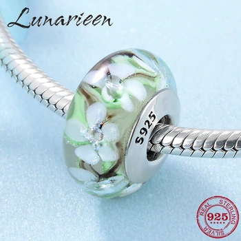 

Hot sale Silver 925 Color Green European Glass white Flower Beads Fit Original Pandora Charm Bracelet Jewelry making