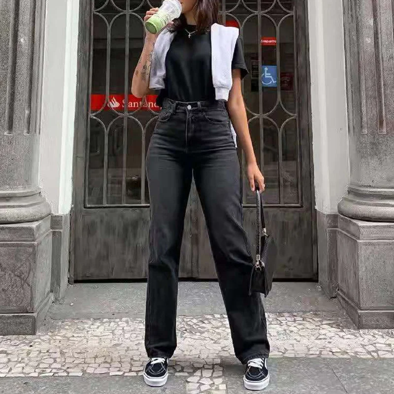 Women's Pants Black Jeans Women 2021 Baggy Fashion Washed Denim Trousers Straight Mom High Waist Streetwear | Женская одежда