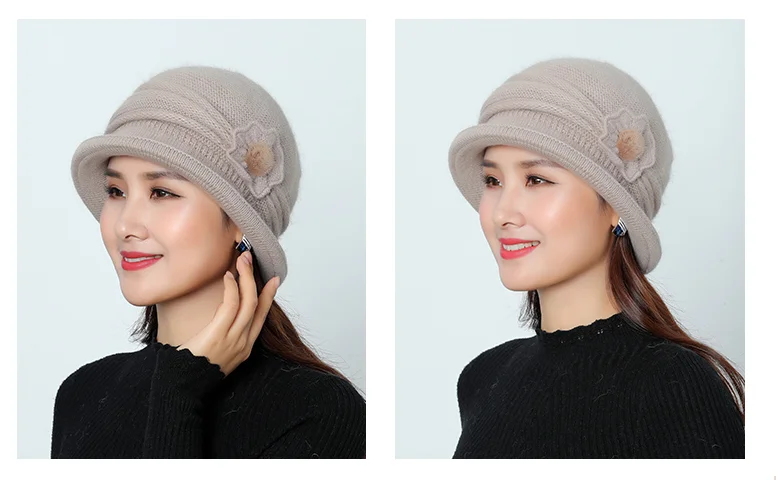 Новая зимняя женская шапка теплые вязанные шапочки Skullies из кроличьего меха шапки одноцветные норковые Плюшевые Цветочные мешковатые шапки головные уборы