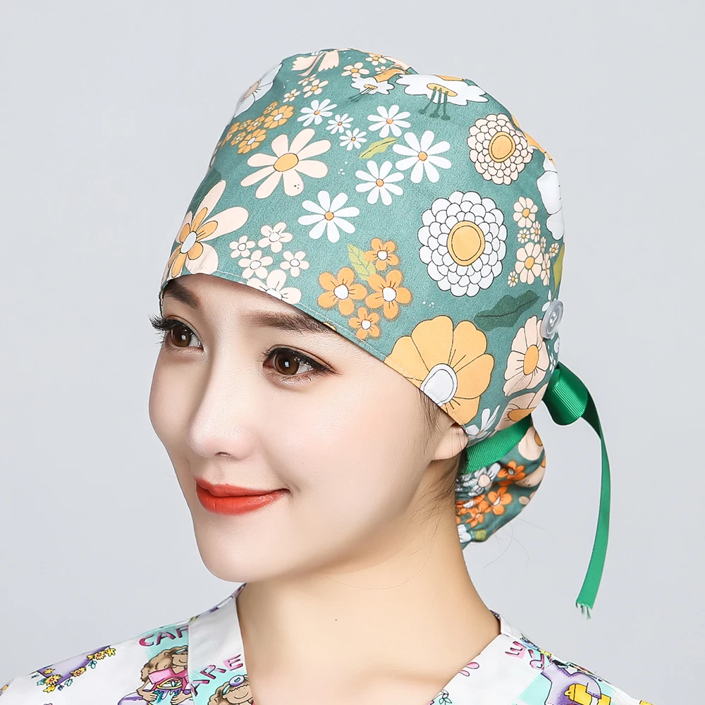 Women Scrubs Caps with Buttons Bandage 