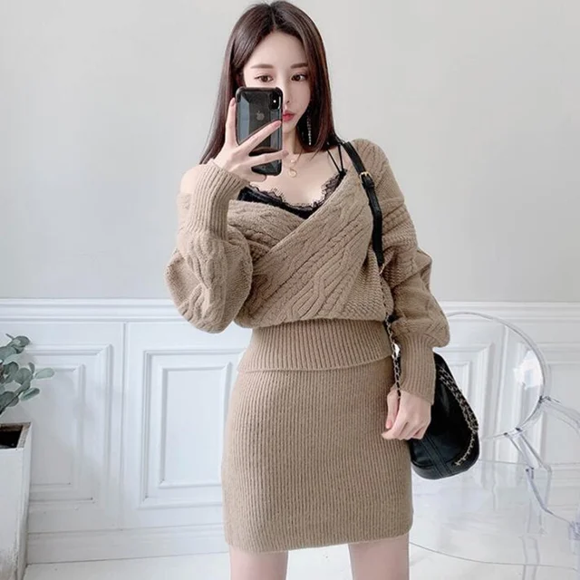 Women Skirt Sets Autumn Lantern Sleeve 