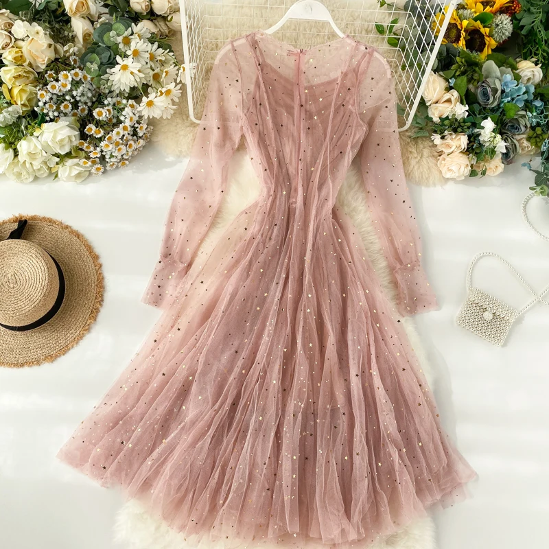 YuooMuoo шикарные романтические розовые кружевные вечерние платья для женщин, весенне-осеннее просвечивающее длинное Сетчатое платье, элегантное женское платье