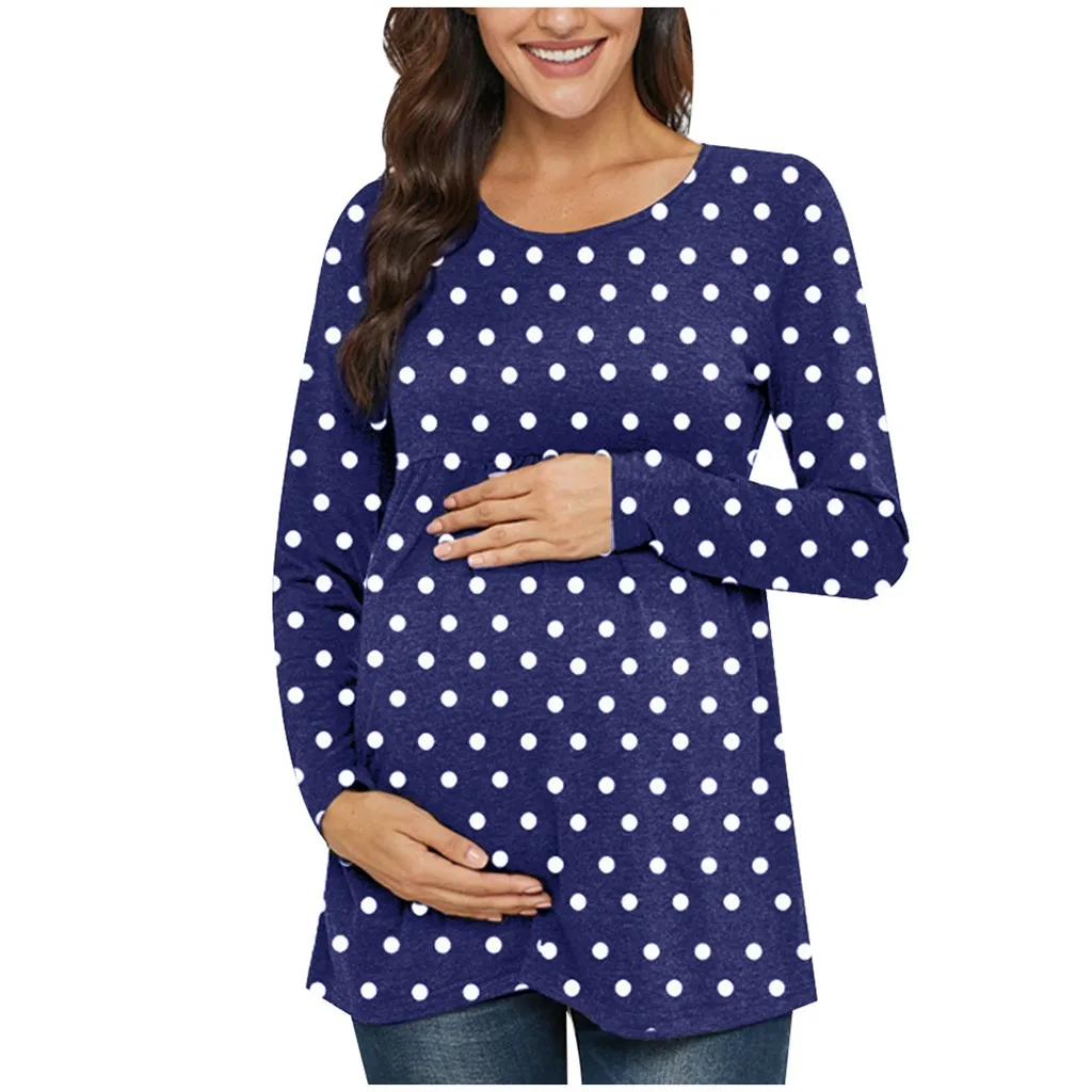 Женские топы в горошек с длинными рукавами для беременных; Футболка для беременных; блузка с круглым вырезом; мягкая хлопковая одежда для кормящих мам - Цвет: Синий